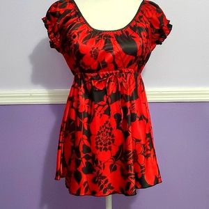 Vintage Y2K Boho Red & Black Floral Satin Babydoll Top S/M